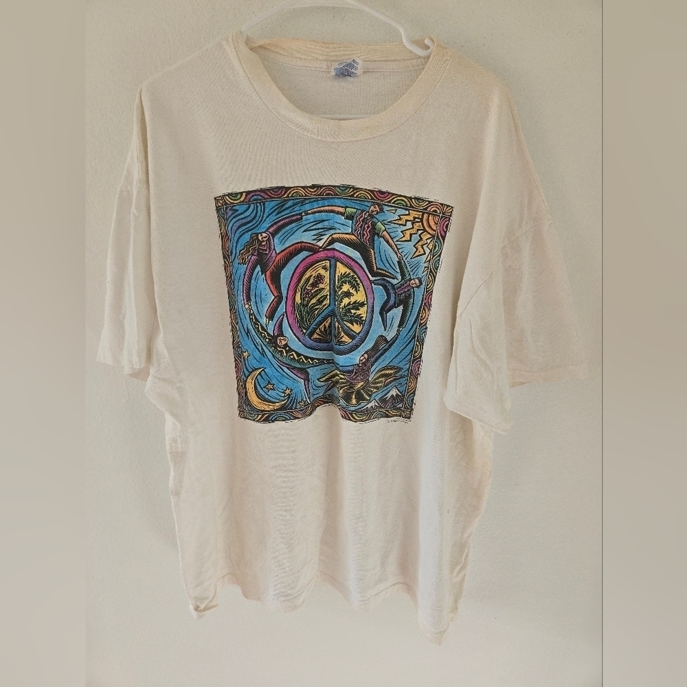 Vintage Hanes Heavyweight Humans-I-Tees T Shirt Mens Size XL Peace Sign Colorful